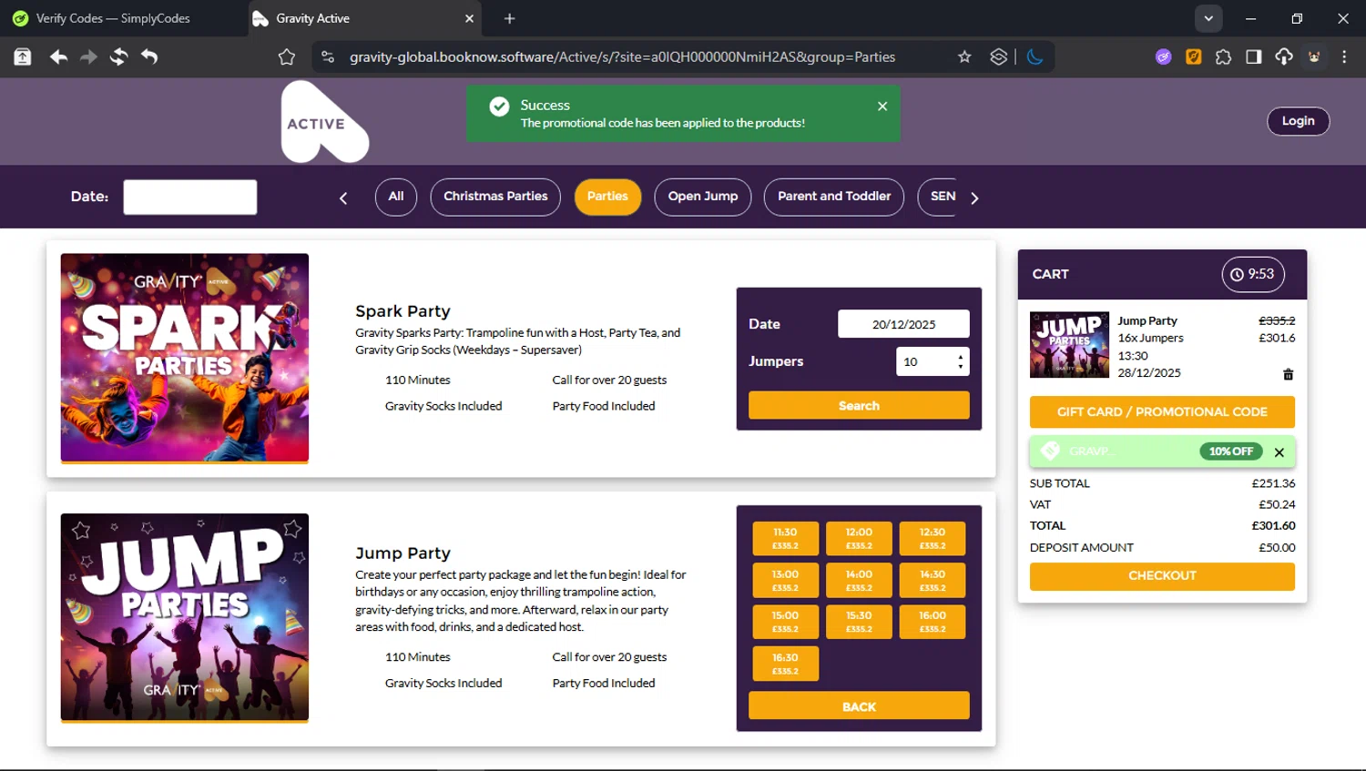 Gravity Global promo code screenshot showing code GRAVPARTY10 applied at Gravity Global checkout page. Uploaded by SimplyCodes community member domain on Dec 20, 2025