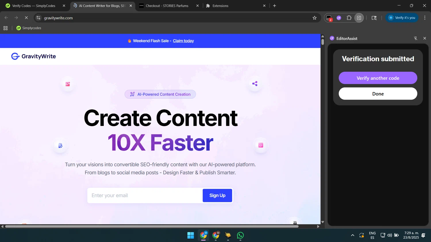 GravityWrite coupon code screenshot showing code one-time-offer applied at GravityWrite checkout page. Uploaded by SimplyCodes community member GloriousSaver4644 on Aug 23, 2025