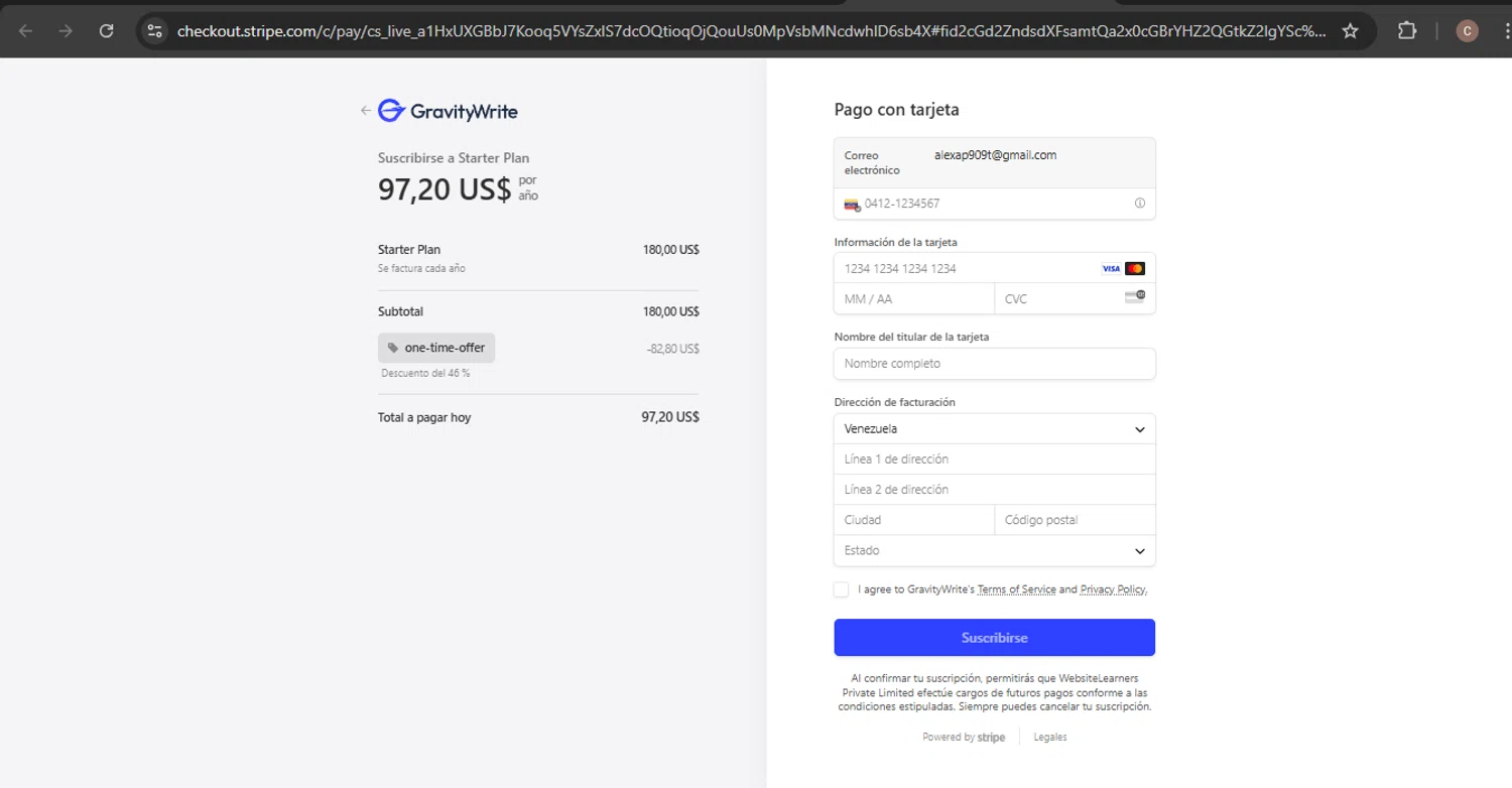 GravityWrite checkout page showing GravityWrite coupon code box | Screenshot taken by SimplyCodes community member on Mar 22, 2025