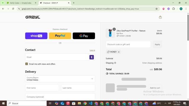 GRAYL checkout page showing GRAYL discount code box | Screenshot taken by SimplyCodes community member on Aug 8, 2025