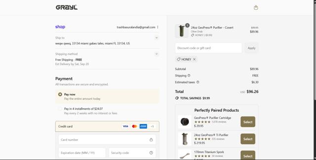 GRAYL checkout page showing GRAYL discount code box | Screenshot taken by SimplyCodes community member on Sep 16, 2025