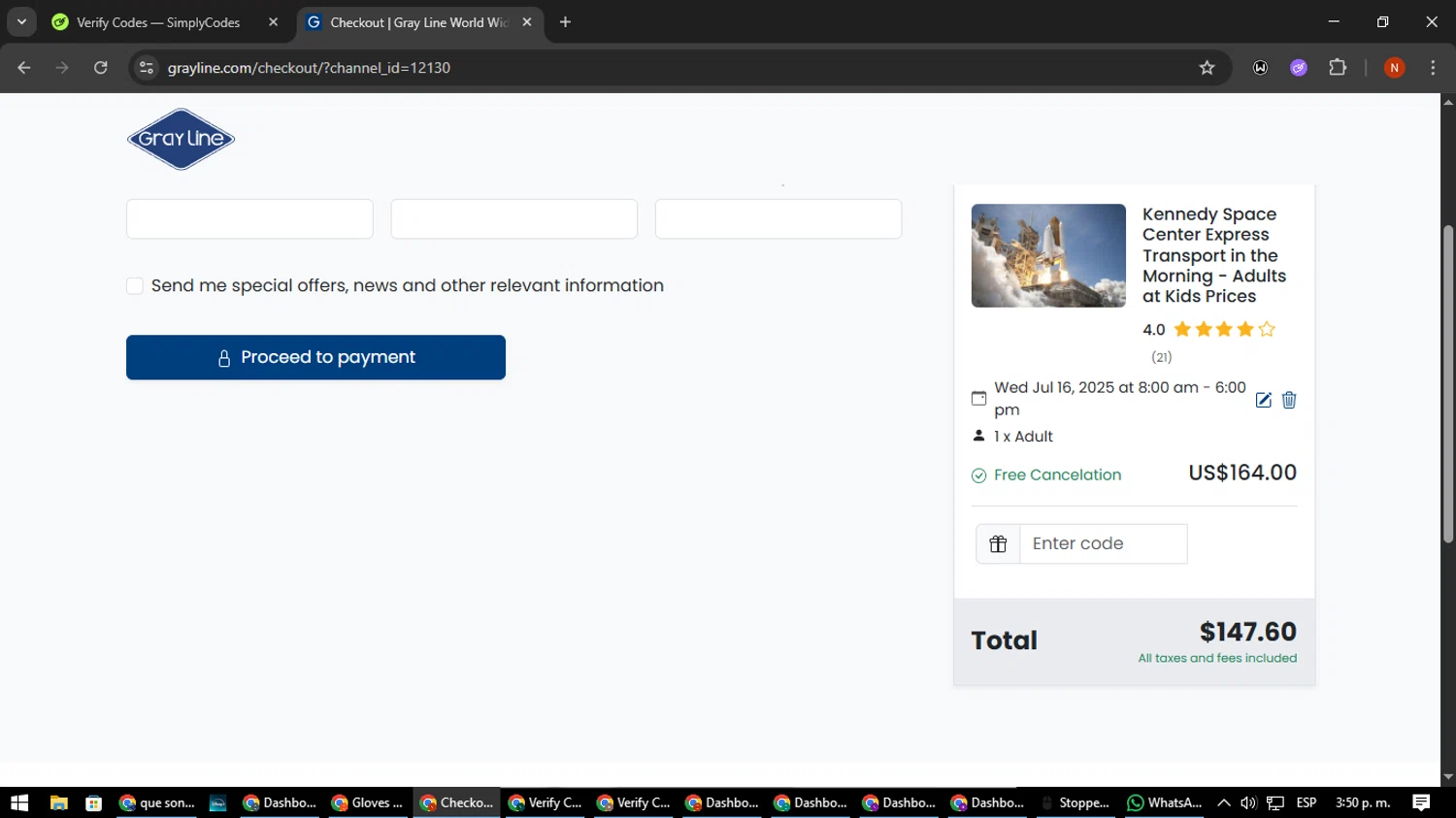 Gray Line promo code screenshot showing code GLA10 applied at Gray Line checkout page. Uploaded by SimplyCodes community member MagnificentScout194 on Jul 15, 2025