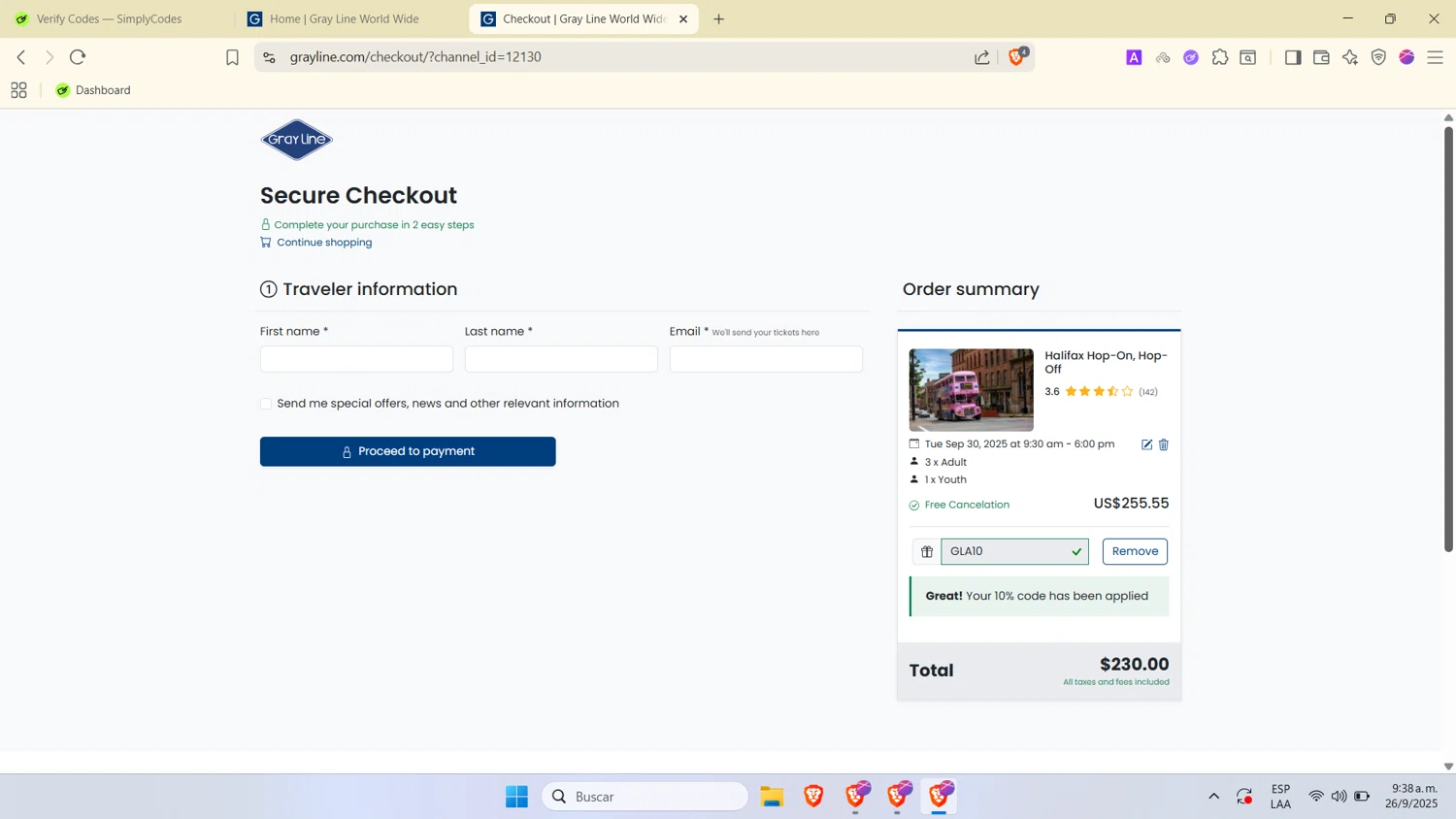 Gray Line promo code screenshot showing code GLA10 applied at Gray Line checkout page. Uploaded by SimplyCodes community member SwiftTracker9305 on Sep 26, 2025