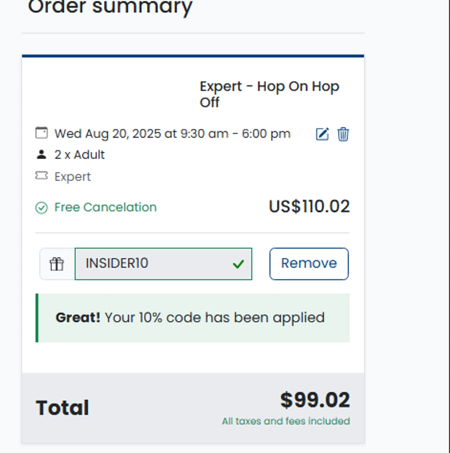 Gray Line promo code screenshot showing code INSIDER10 applied at Gray Line checkout page. Uploaded by SimplyCodes community member fjkdjkldsf on Aug 16, 2025