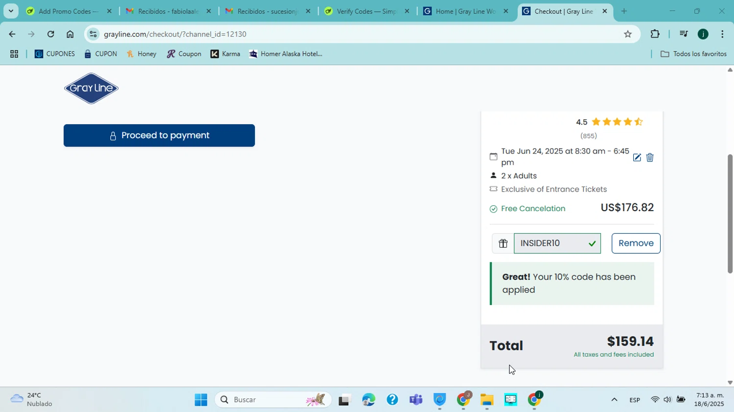 Gray Line promo code screenshot showing code INSIDER10 applied at Gray Line checkout page. Uploaded by SimplyCodes community member jorgejavierherrera on Jun 18, 2025