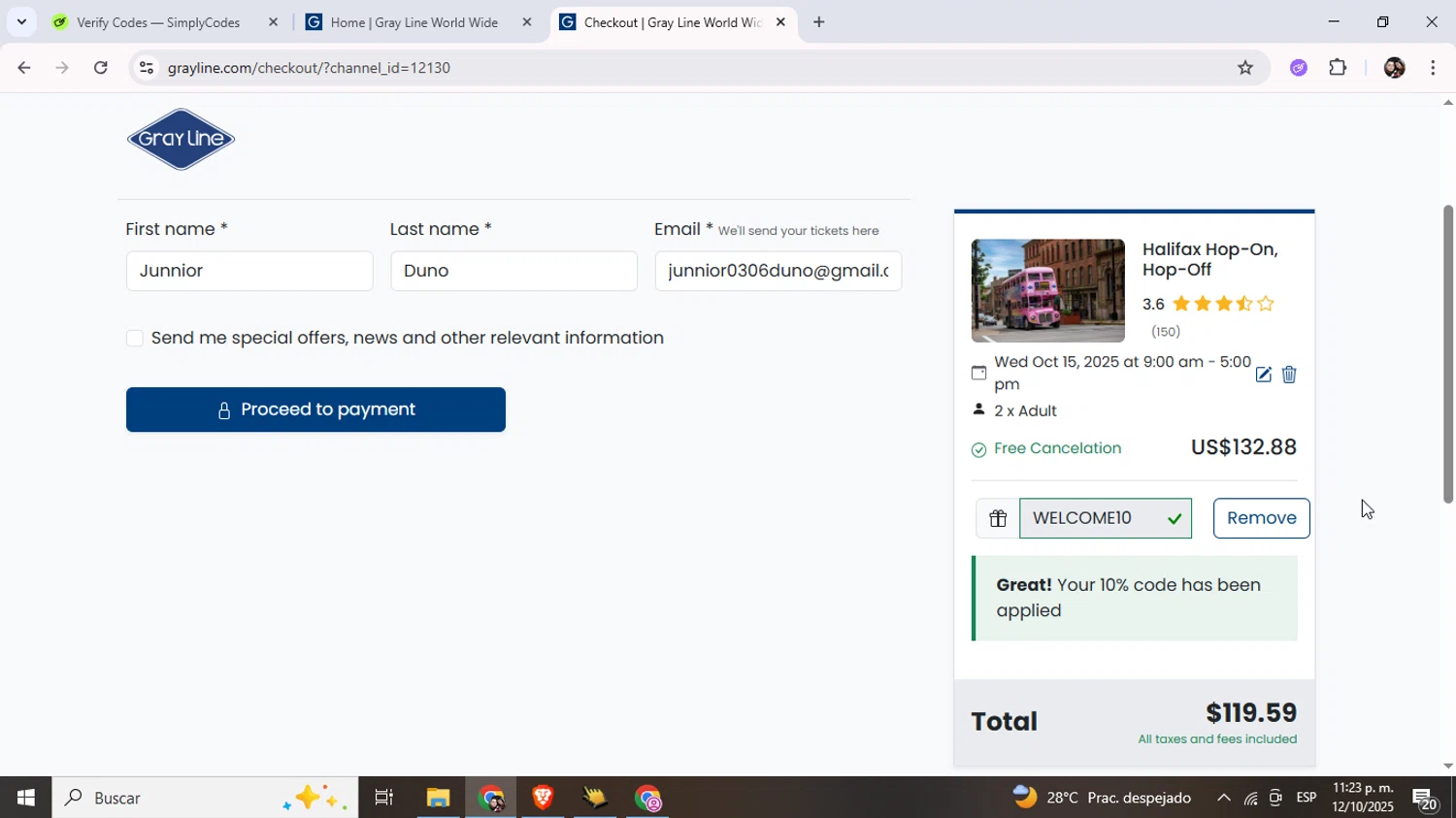 Gray Line checkout page showing Gray Line promo code box | Screenshot taken by SimplyCodes community member on Oct 13, 2025