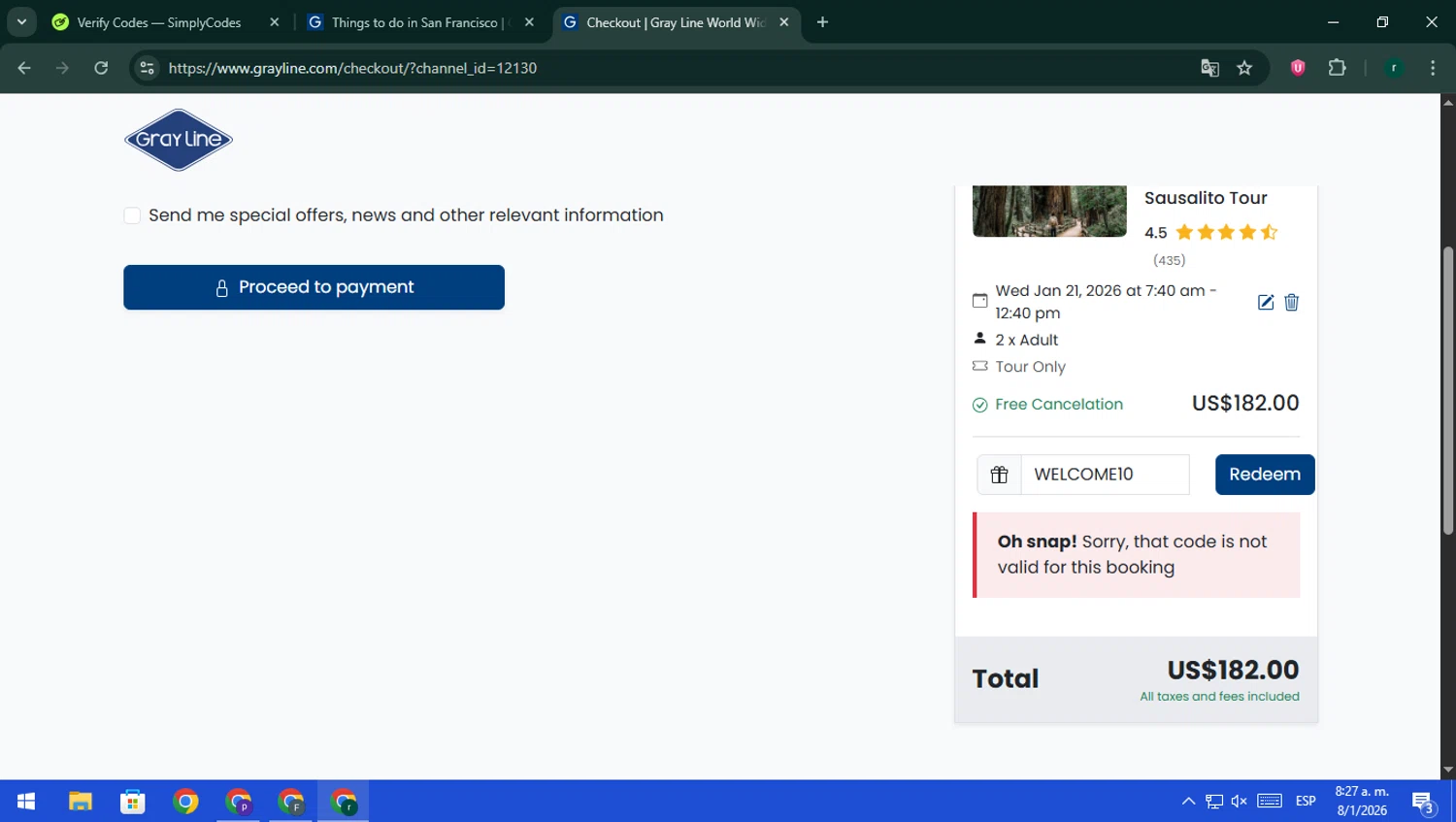 Gray Line promo code screenshot showing code WELCOME10 applied at Gray Line checkout page. Uploaded by SimplyCodes community member rodri1 on Jan 8, 2026