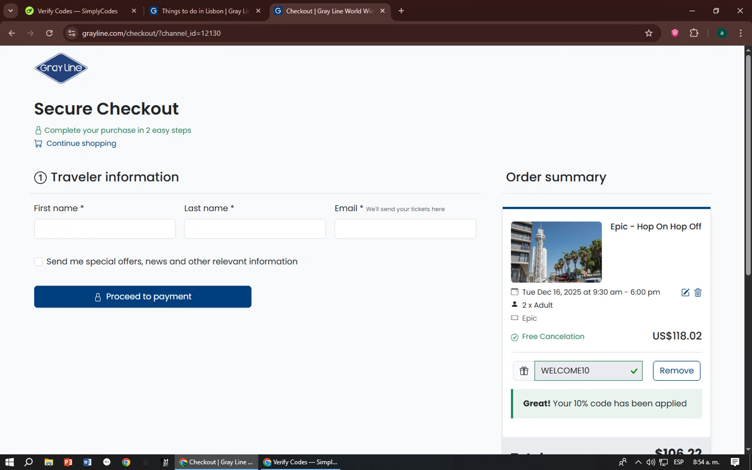 Gray Line promo code screenshot showing code WELCOME10 applied at Gray Line checkout page. Uploaded by SimplyCodes community member zizu55 on Nov 11, 2025