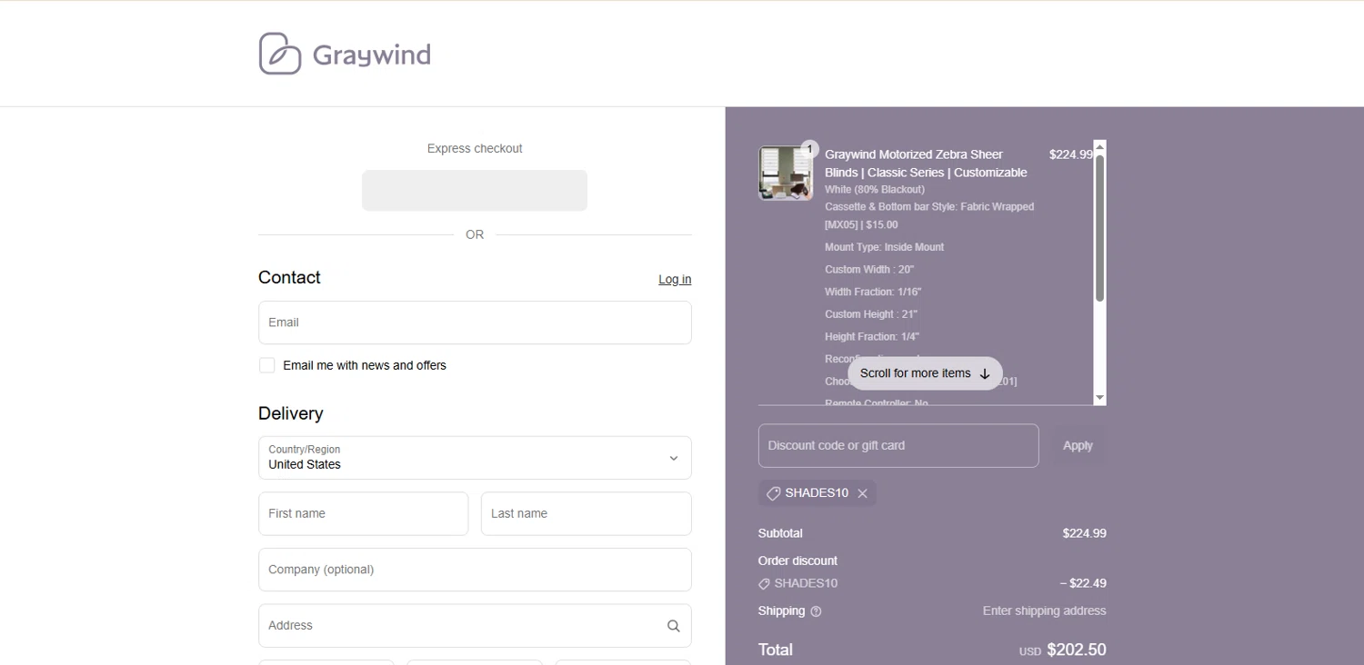 Graywind promo code screenshot showing code SHADES10 applied at Graywind checkout page. Uploaded by SimplyCodes community member Alydrop on Aug 10, 2025