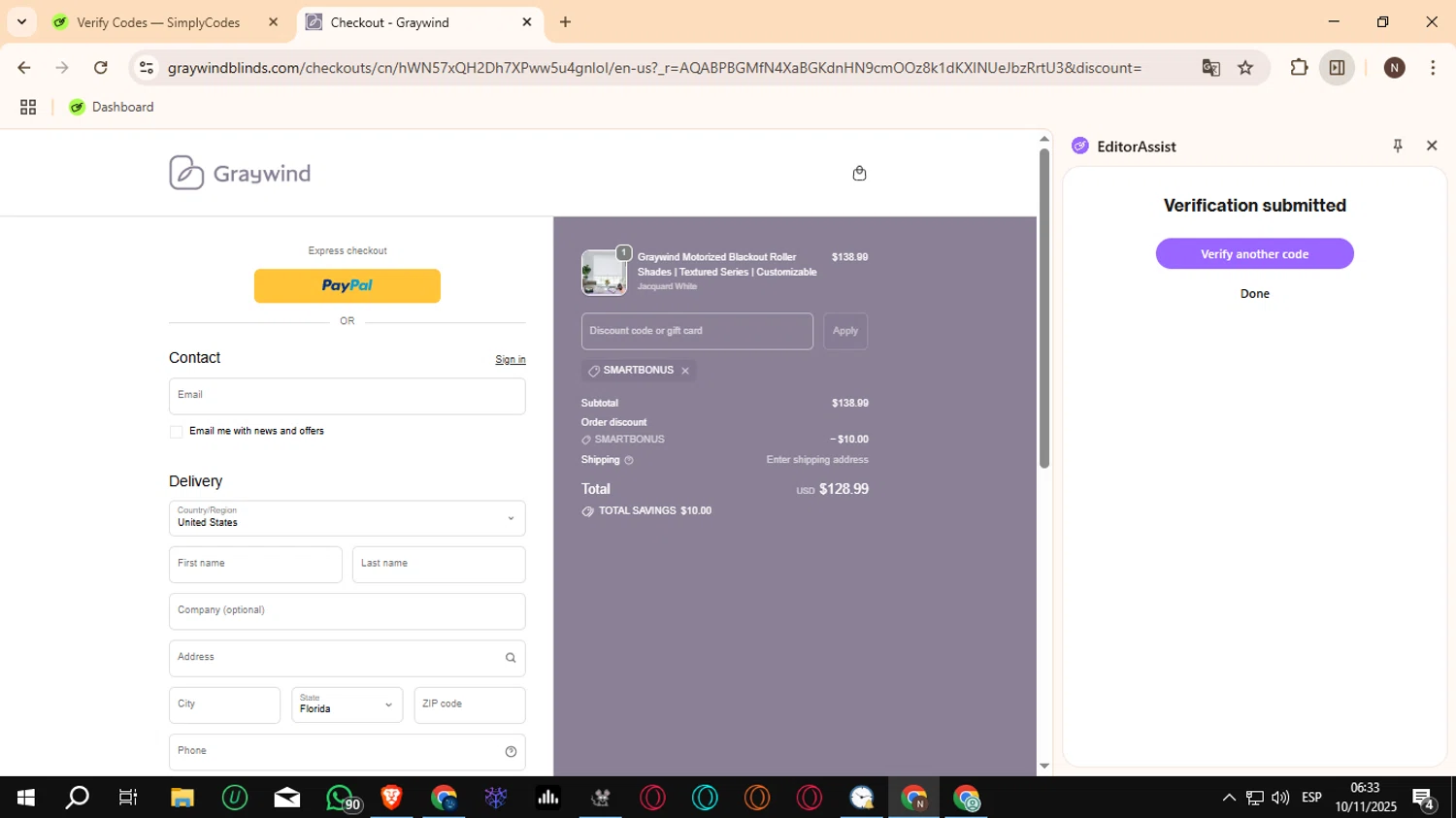 Graywind promo code screenshot showing code SMARTBONUS applied at Graywind checkout page. Uploaded by SimplyCodes community member Crchirino1 on Nov 10, 2025