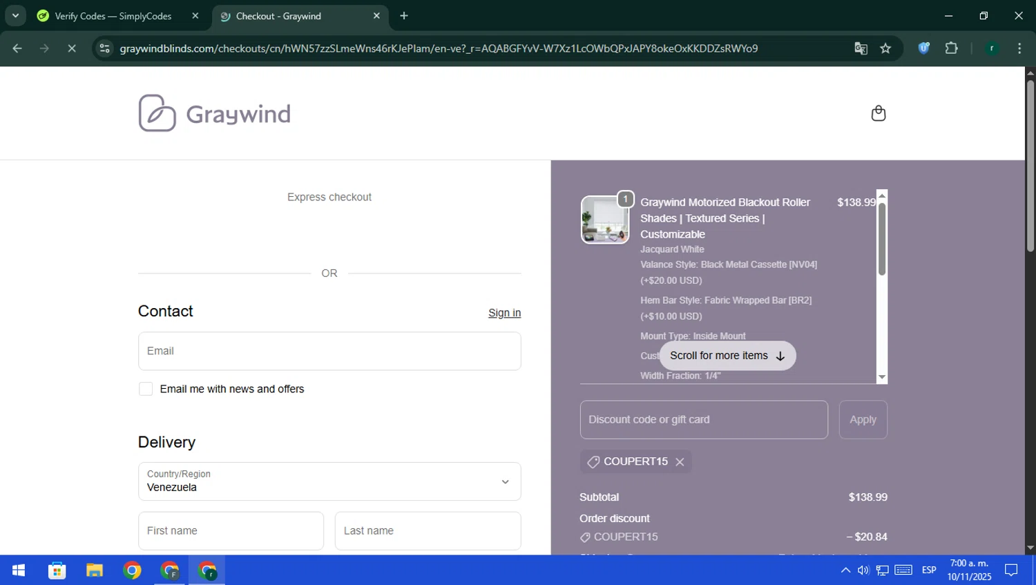 Graywind promo code screenshot showing code Coupert15 applied at Graywind checkout page. Uploaded by SimplyCodes community member rodri1 on Nov 10, 2025