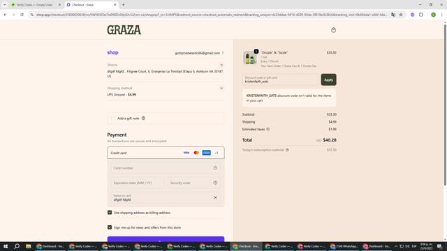 Graza checkout page showing Graza discount code box | Screenshot taken by SimplyCodes community member on Sep 23, 2025