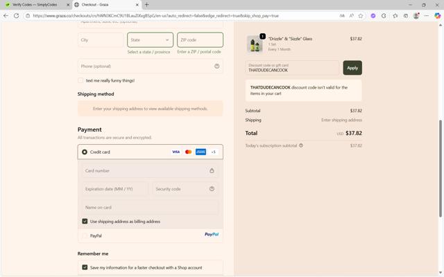 Graza checkout page showing Graza discount code box | Screenshot taken by SimplyCodes community member on Sep 23, 2025