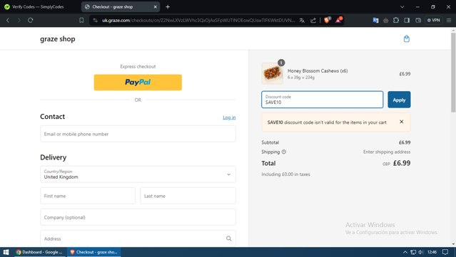 Graze checkout page showing Graze discount code box | Screenshot taken by SimplyCodes community member on Jun 8, 2024