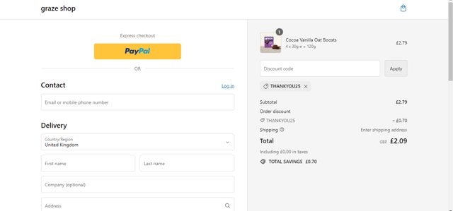 Graze checkout page showing Graze discount code box | Screenshot taken by SimplyCodes community member on May 30, 2024