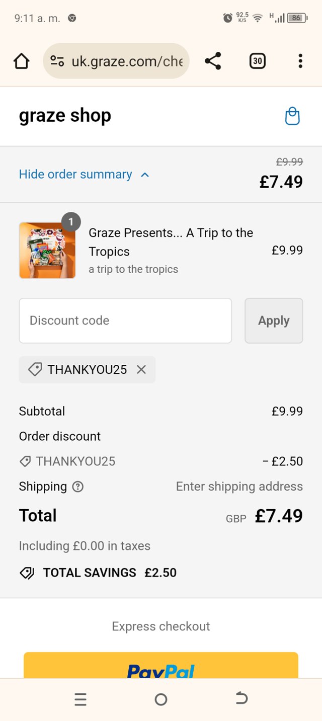 Graze checkout page showing Graze discount code box | Screenshot taken by SimplyCodes community member on Jul 27, 2024