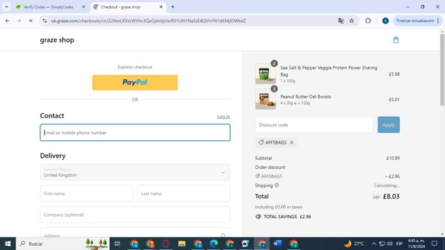 Graze checkout page showing Graze discount code box | Screenshot taken by SimplyCodes community member on Aug 11, 2024