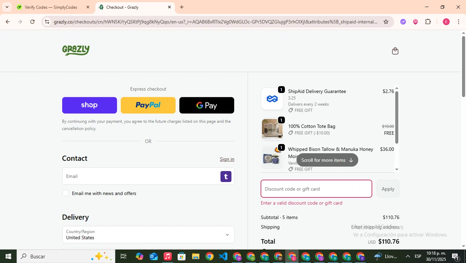 Grazly discount code screenshot showing code GRAZLY15 applied at Grazly checkout page. Uploaded by SimplyCodes community member CouponHero7312 on Dec 1, 2025