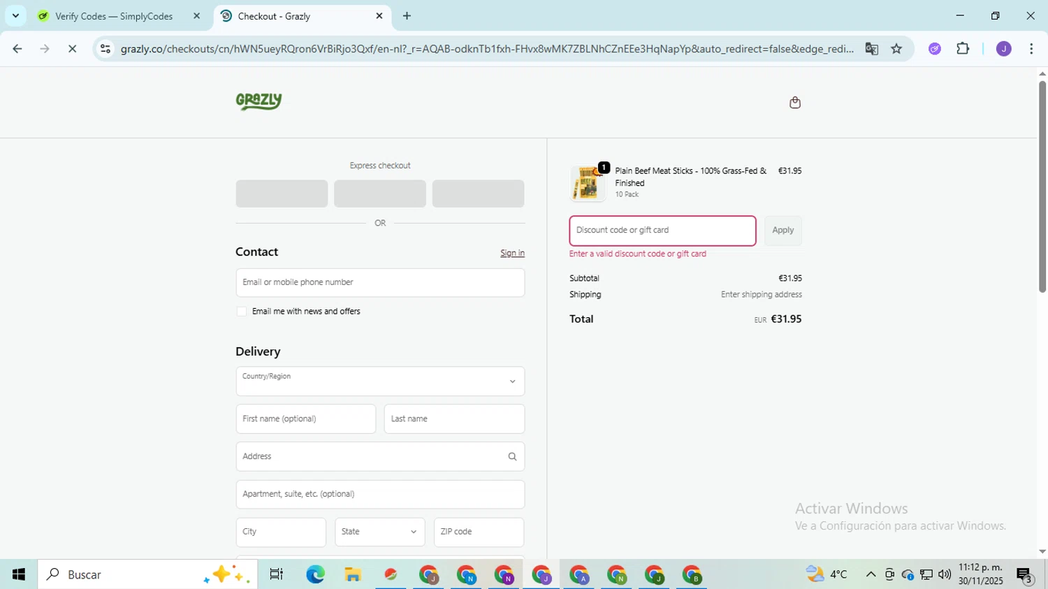 Grazly discount code screenshot showing code GRAZLY15 applied at Grazly checkout page. Uploaded by SimplyCodes community member PromoHunter9043 on Dec 1, 2025