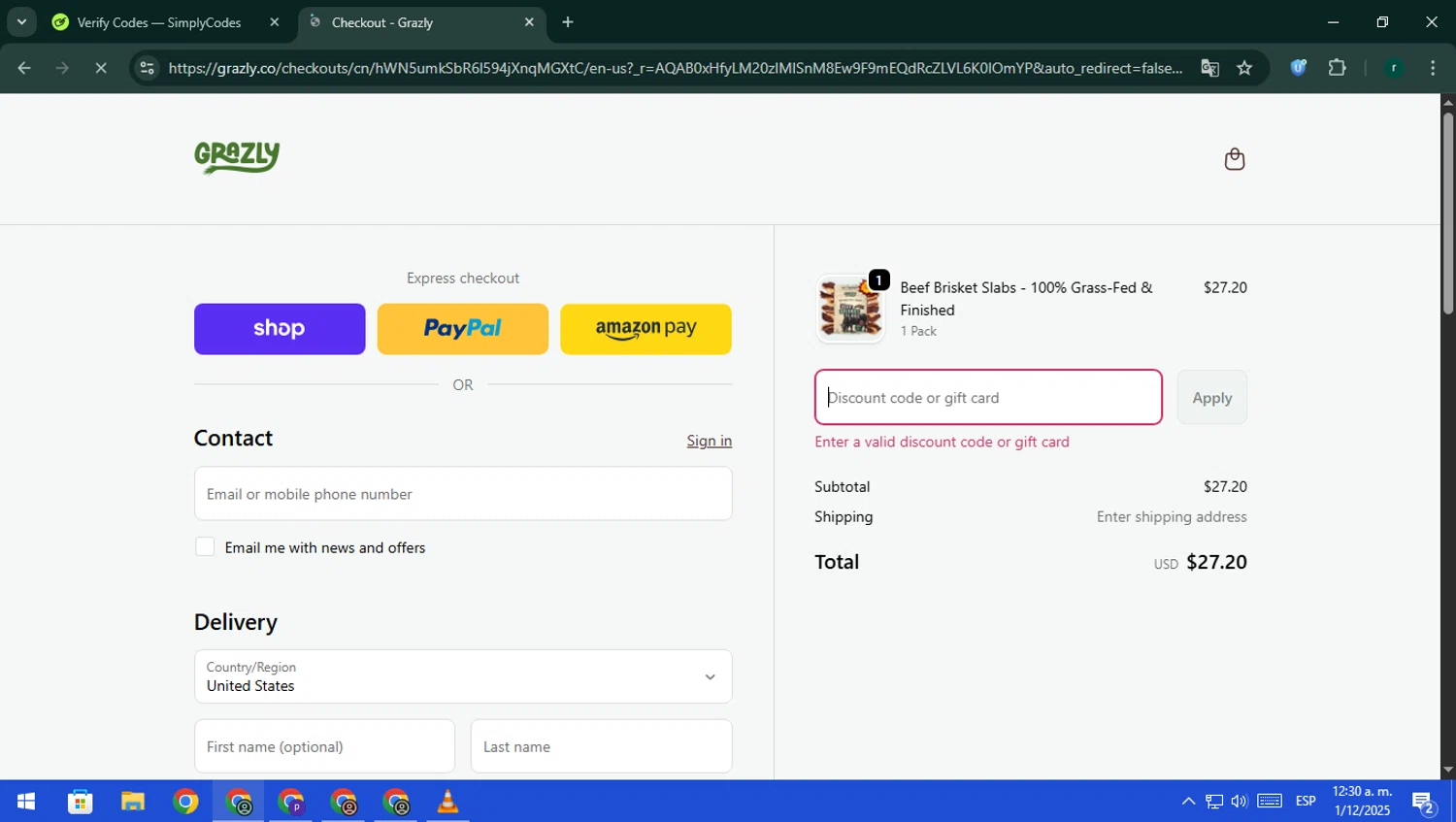 Grazly discount code screenshot showing code GRAZLY15 applied at Grazly checkout page. Uploaded by SimplyCodes community member rodri1 on Dec 1, 2025