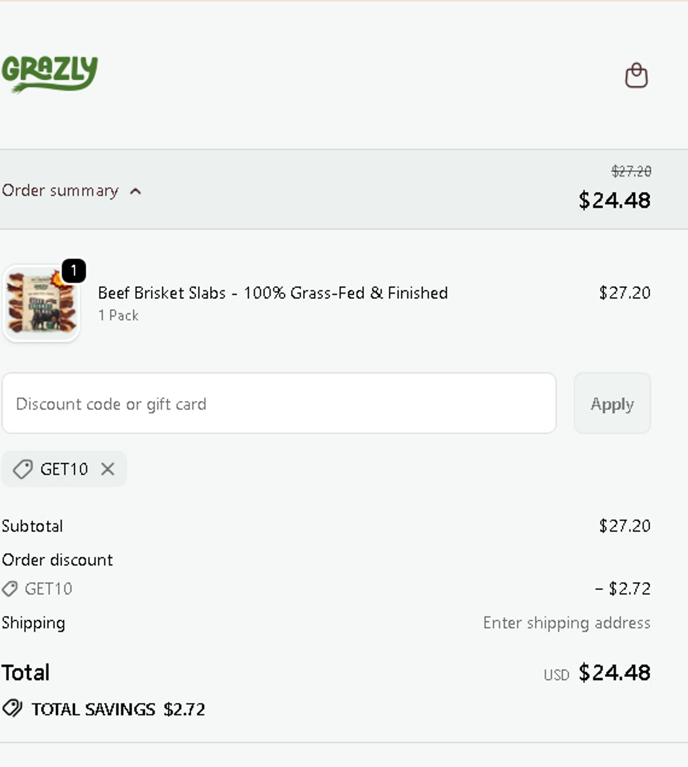 Grazly discount code screenshot showing code GET10 applied at Grazly checkout page. Uploaded by SimplyCodes community member AMANDA2681 on Nov 29, 2025
