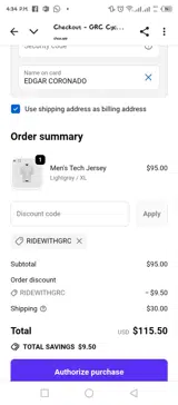 RIDEWITHGRC coupon verification screenshot