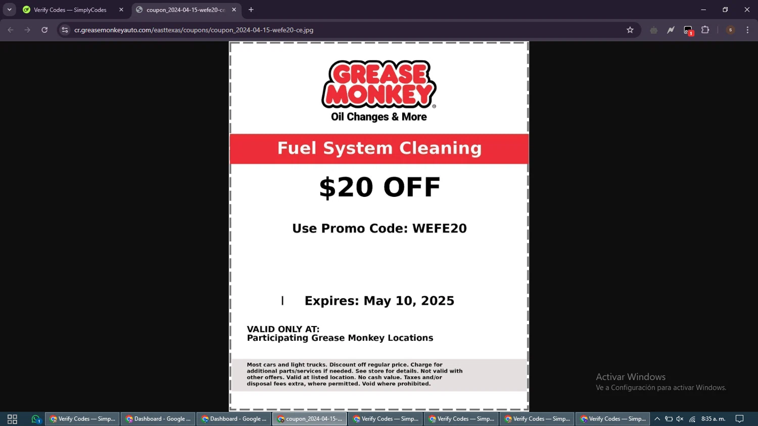 Grease Monkey Auto promo code screenshot showing code wefe20 applied at Grease Monkey Auto checkout page. Uploaded by SimplyCodes community member GoldSentinel1426 on Apr 26, 2025