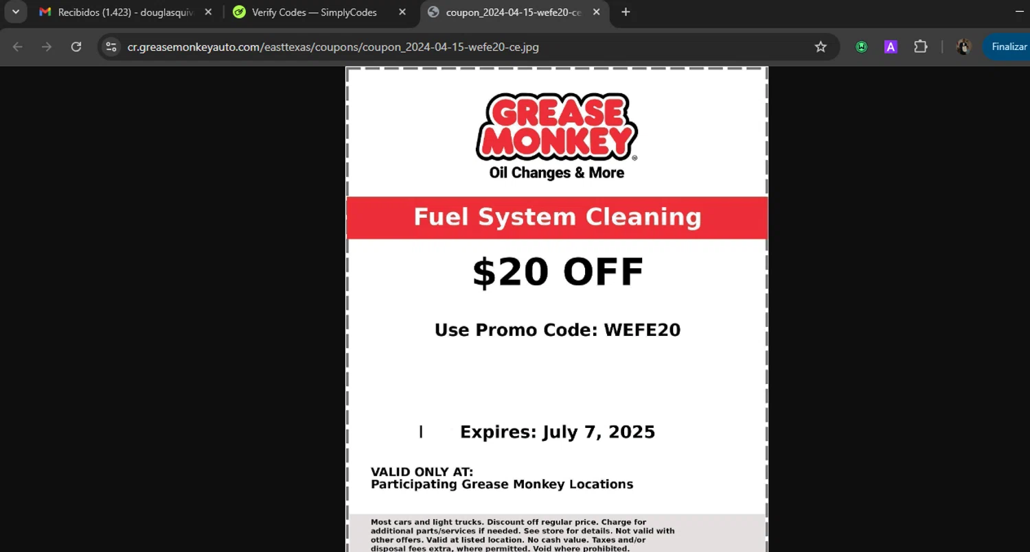 Grease Monkey Auto promo code screenshot showing code wefe20 applied at Grease Monkey Auto checkout page. Uploaded by SimplyCodes community member WiseLegend5590 on Jun 23, 2025