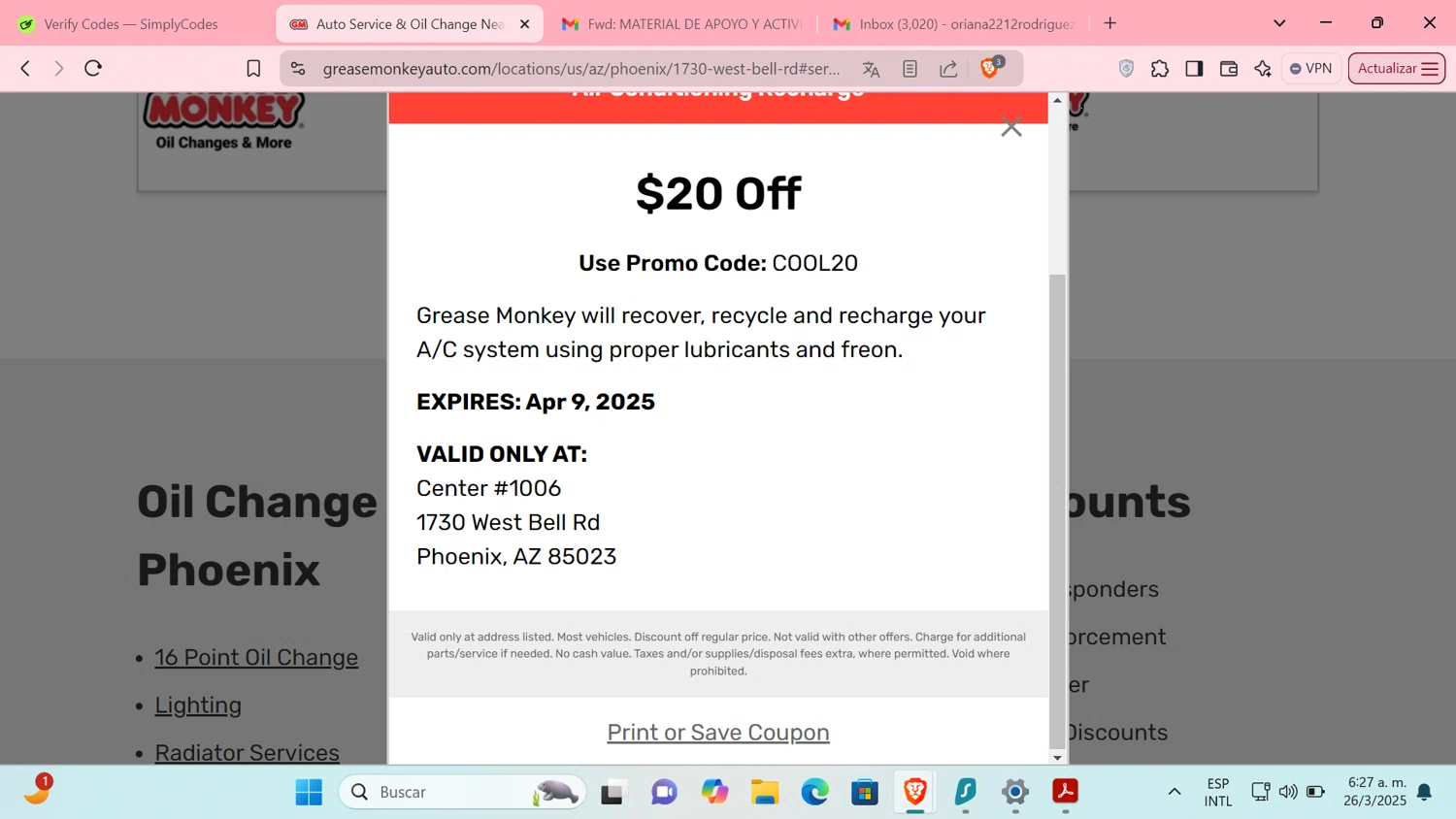 Grease Monkey Auto promo code screenshot showing code COOL20 applied at Grease Monkey Auto checkout page. Uploaded by SimplyCodes community member Tratala on Mar 26, 2025
