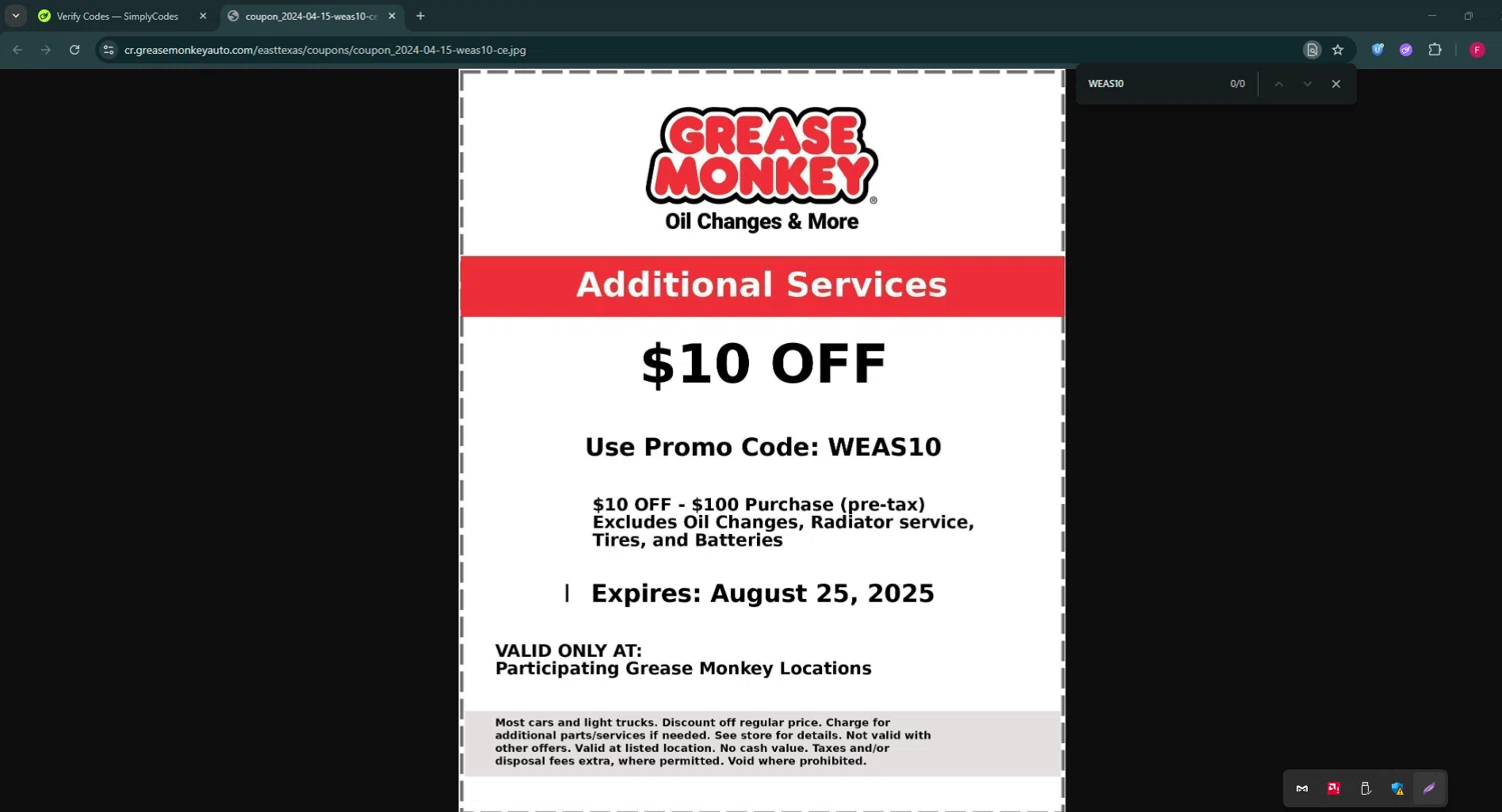 Grease Monkey Auto promo code screenshot showing code WEAS10 applied at Grease Monkey Auto checkout page. Uploaded by SimplyCodes community member ExtraordinaryVirtuoso281 on Aug 11, 2025