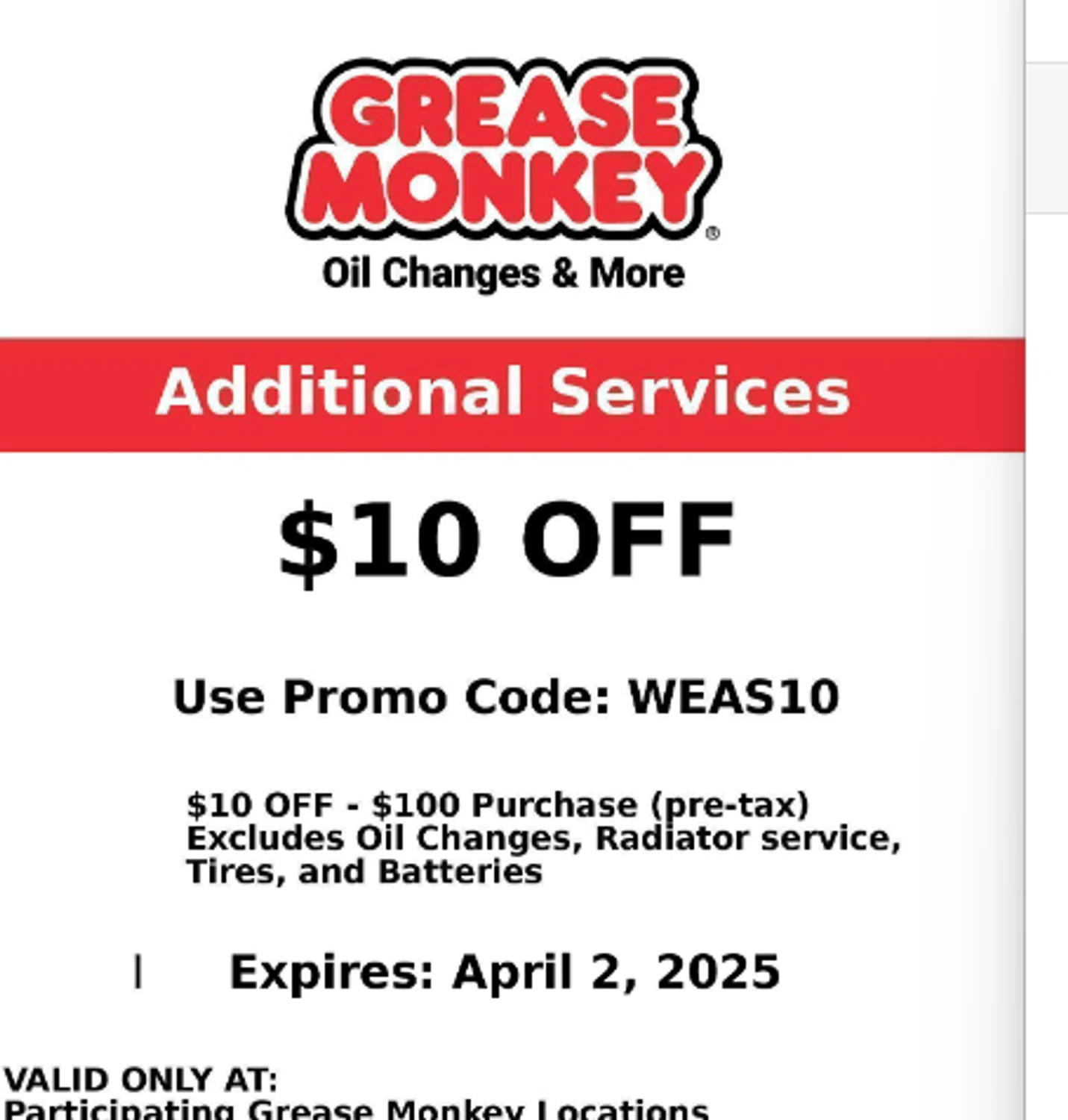 Grease Monkey Auto promo code screenshot showing code WEAS10 applied at Grease Monkey Auto checkout page. Uploaded by SimplyCodes community member gerardlaya on Mar 19, 2025