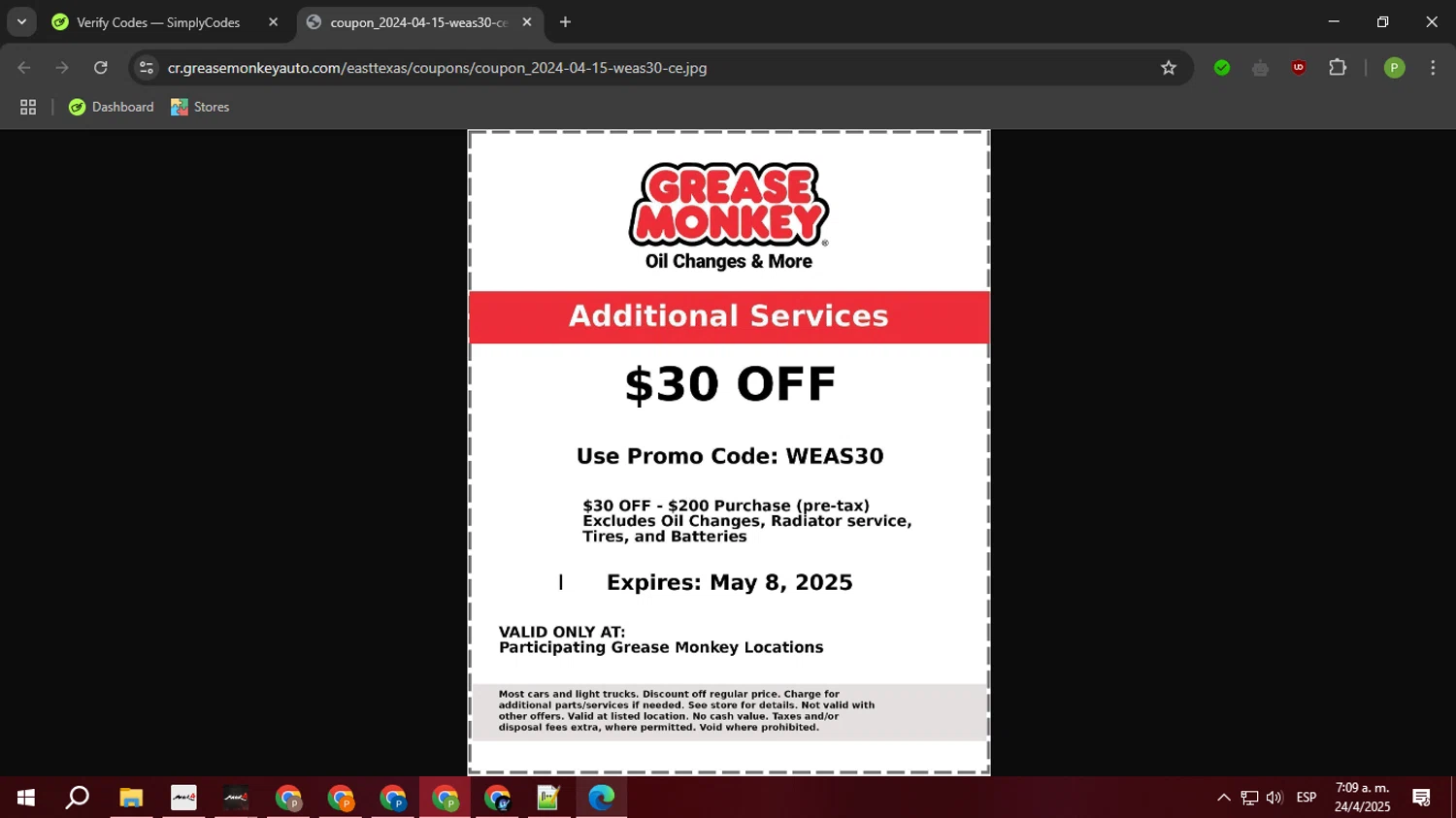 Grease Monkey Auto promo code screenshot showing code WEAS30 applied at Grease Monkey Auto checkout page. Uploaded by SimplyCodes community member FortunateTiger3302 on Apr 24, 2025