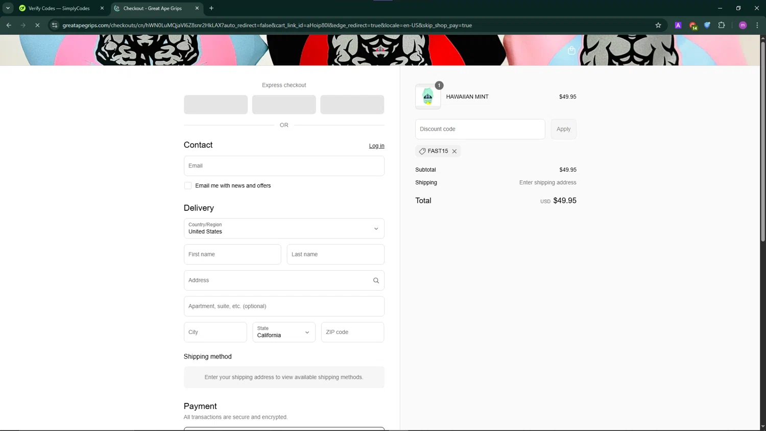 Great Ape Grips discount code screenshot showing code FAST15 applied at Great Ape Grips checkout page. Uploaded by SimplyCodes community member TokenChaser4876 on Jul 7, 2025