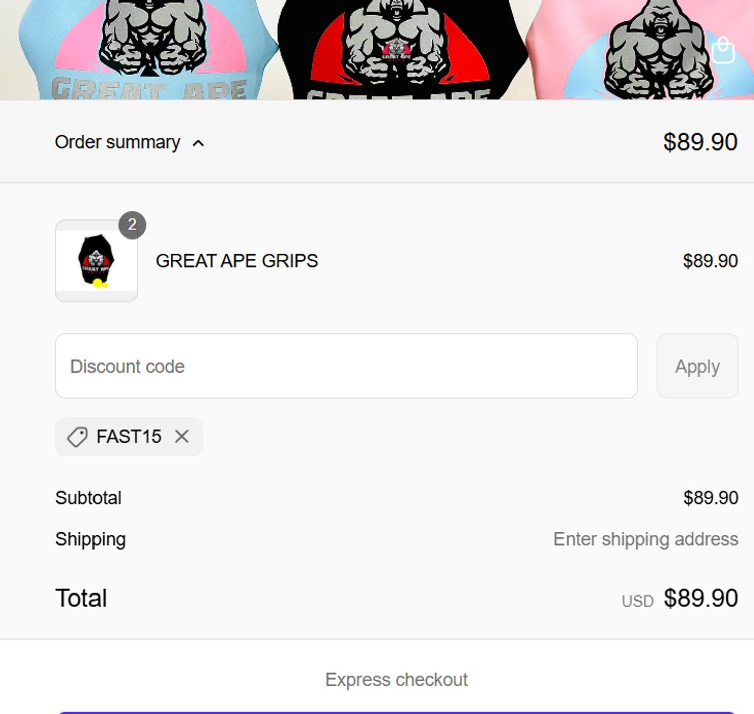 Great Ape Grips discount code screenshot showing code FAST15 applied at Great Ape Grips checkout page. Uploaded by SimplyCodes community member ScanMaverick784 on Apr 11, 2025