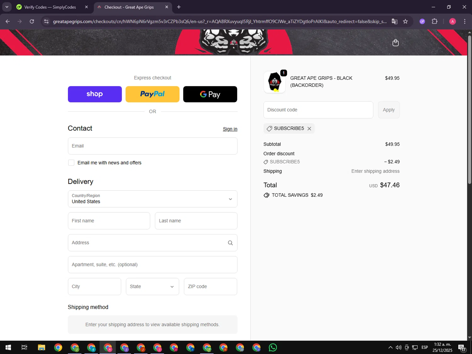 Great Ape Grips discount code screenshot showing code SUBSCRIBE5 applied at Great Ape Grips checkout page. Uploaded by SimplyCodes community member CrownHawk3462 on Dec 25, 2025
