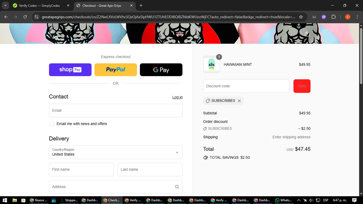 Great Ape Grips discount code screenshot showing code SUBSCRIBE5 applied at Great Ape Grips checkout page. Uploaded by SimplyCodes community member NatanaelCano on Jul 6, 2025