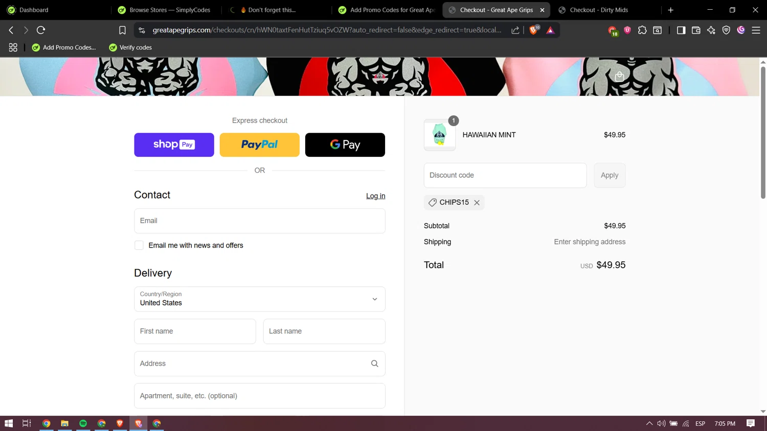 Great Ape Grips discount code screenshot showing code CHIPS15 applied at Great Ape Grips checkout page. Uploaded by SimplyCodes community member yokoono10 on Jul 21, 2025