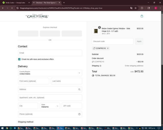 The Great Egress Co. checkout page showing The Great Egress Co. promo code box | Screenshot taken by SimplyCodes community member on Aug 21, 2025