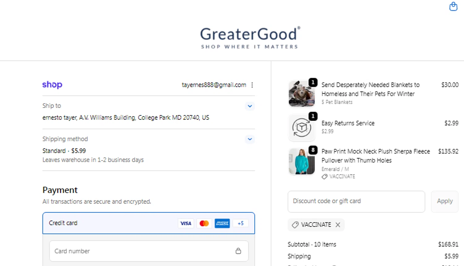 GreaterGood promo code screenshot showing code VACCINATE applied at GreaterGood checkout page. Uploaded by SimplyCodes community member Braun007 on Jan 30, 2026