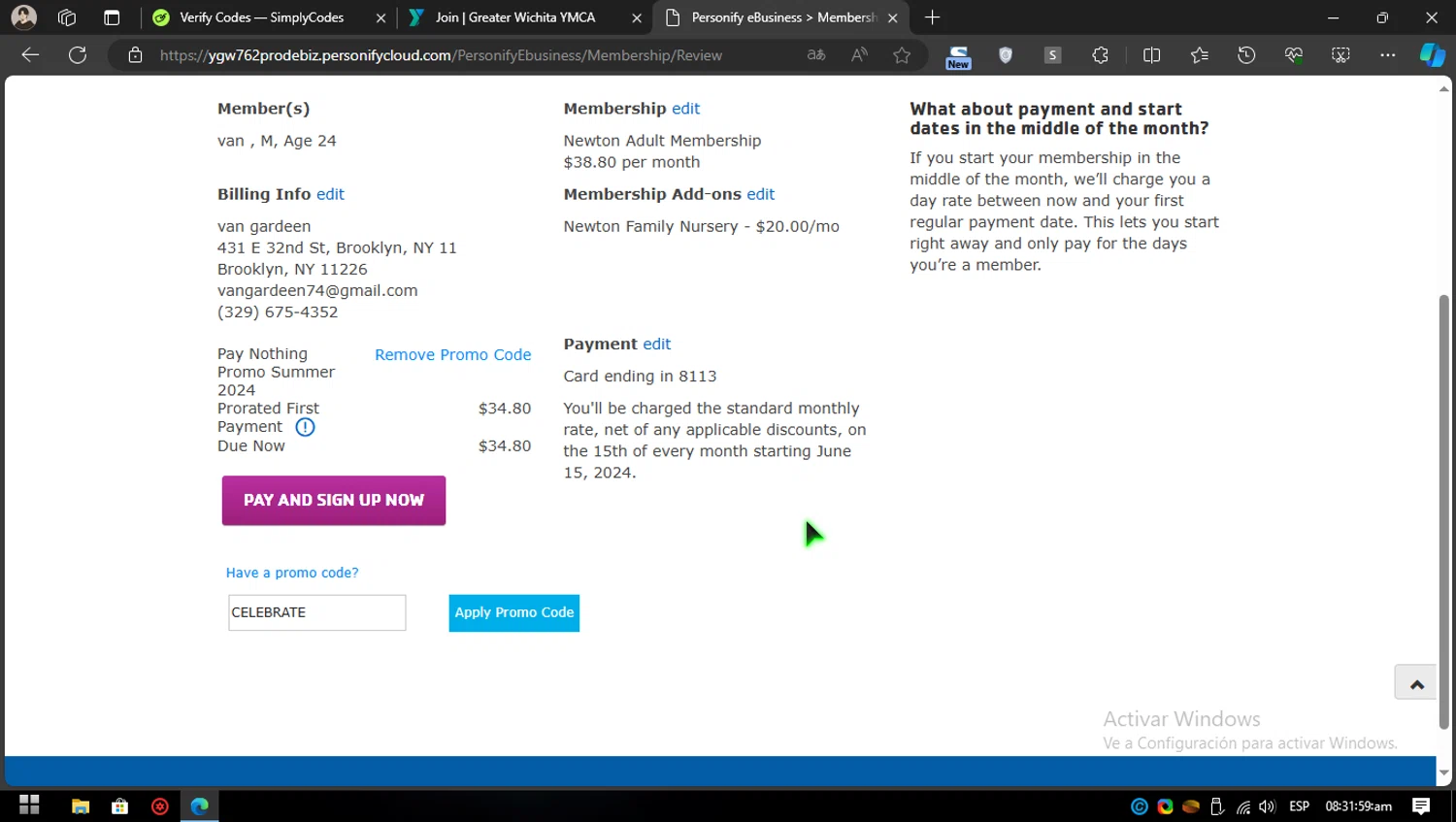 Greater Wichita YMCA checkout page showing Greater Wichita YMCA promo code box | Screenshot taken by SimplyCodes community member on May 28, 2024