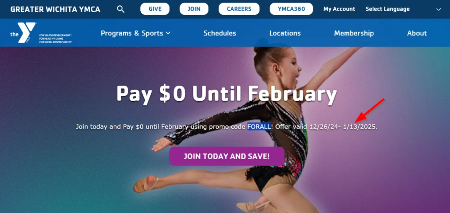 Greater Wichita YMCA promo code screenshot showing code FORALL applied at Greater Wichita YMCA checkout page. Uploaded by SimplyCodes community member SimplyCVerlie on Feb 7, 2025