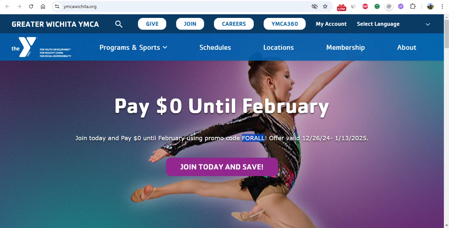 Greater Wichita YMCA promo code screenshot showing code FORALL applied at Greater Wichita YMCA checkout page. Uploaded by SimplyCodes community member gonzalodamole on Jan 3, 2025