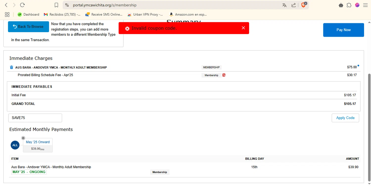 Greater Wichita YMCA promo code screenshot showing code SAVE75 applied at Greater Wichita YMCA checkout page. Uploaded by SimplyCodes community member jairomalkovich on Apr 8, 2025
