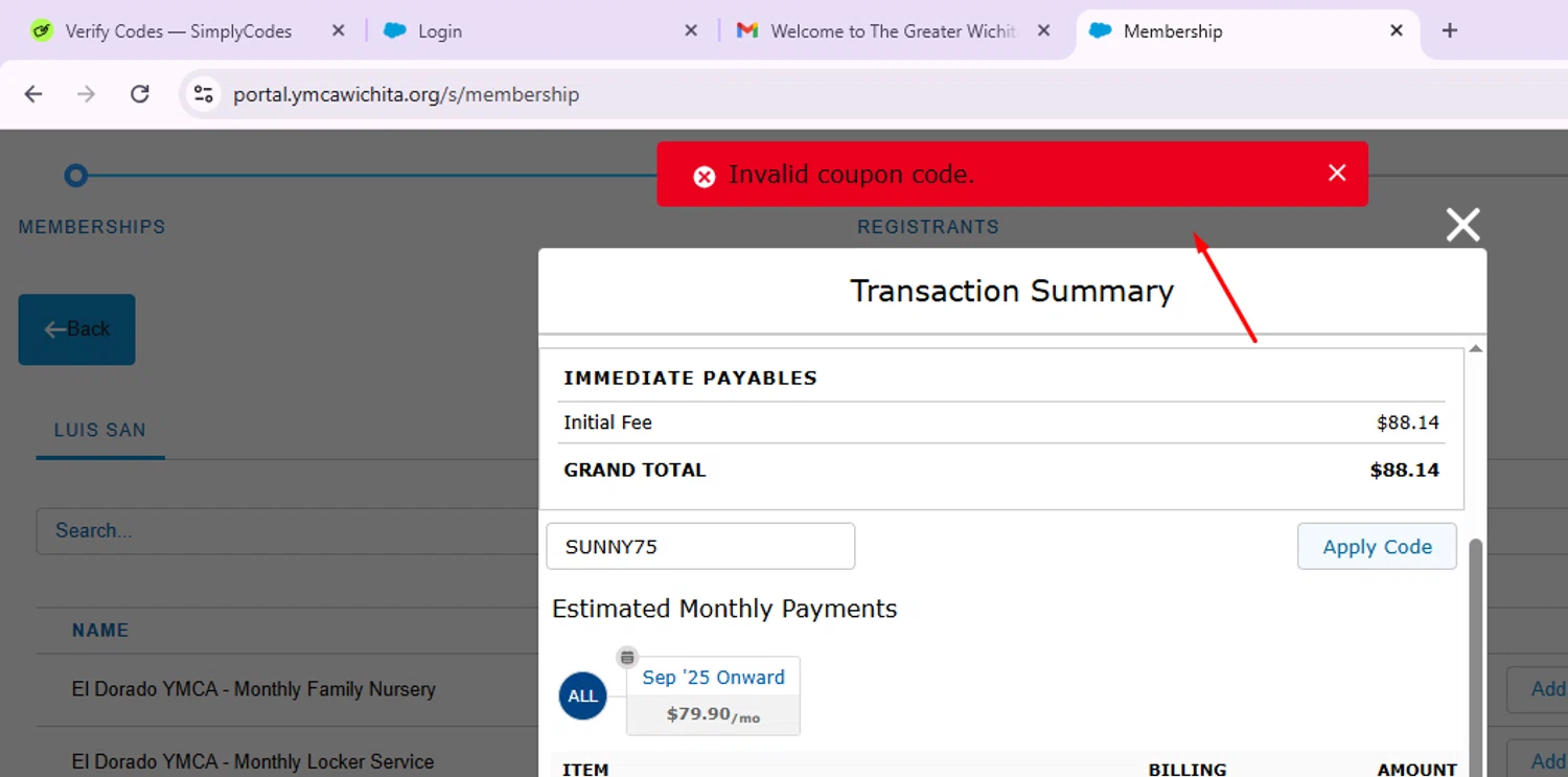 Greater Wichita YMCA promo code screenshot showing code SUNNY75 applied at Greater Wichita YMCA checkout page. Uploaded by SimplyCodes community member Morketools on Aug 27, 2025