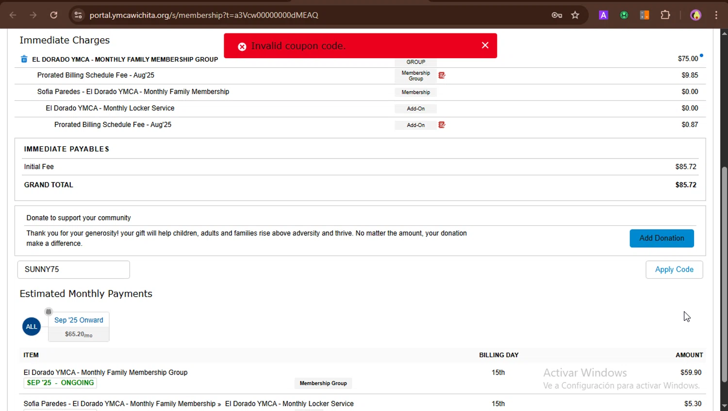 Greater Wichita YMCA promo code screenshot showing code SUNNY75 applied at Greater Wichita YMCA checkout page. Uploaded by SimplyCodes community member PrincessCoupon on Aug 27, 2025