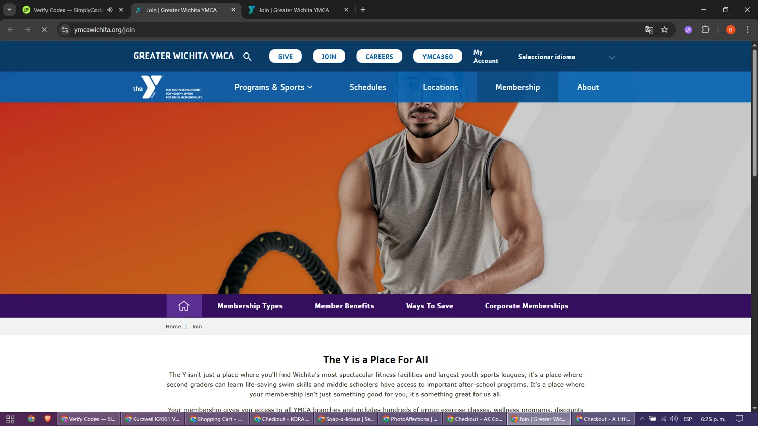 Greater Wichita YMCA promo code screenshot showing code FALL25 applied at Greater Wichita YMCA checkout page. Uploaded by SimplyCodes community member QuestMaven2378 on Nov 27, 2025