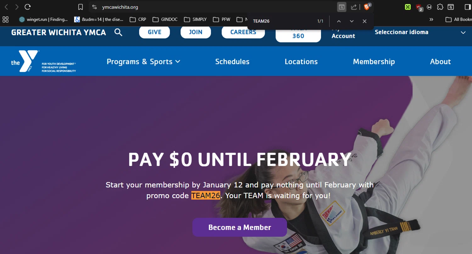 Greater Wichita YMCA promo code screenshot showing code TEAM26 applied at Greater Wichita YMCA checkout page. Uploaded by SimplyCodes community member RickhiK on Dec 30, 2025