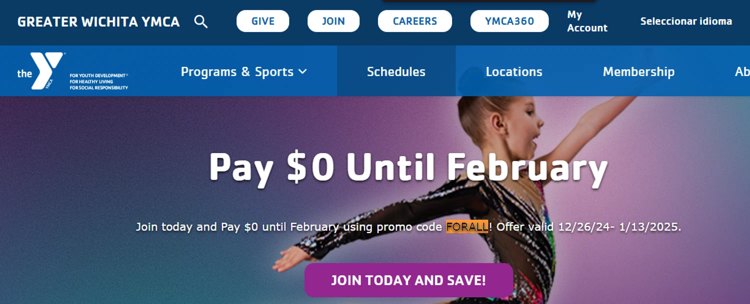 Greater Wichita YMCA promo code screenshot showing code FORALL applied at Greater Wichita YMCA checkout page. Uploaded by SimplyCodes community member RickhiK on Jan 2, 2025