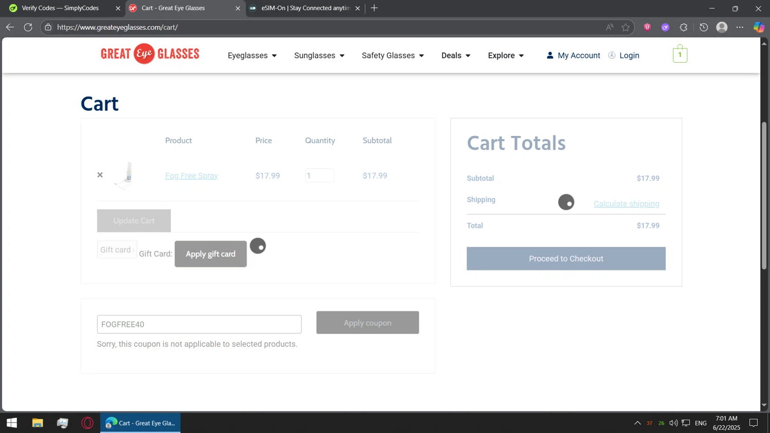 Great Eye Glasses promo code screenshot showing code FOGFREE40 applied at Great Eye Glasses checkout page. Uploaded by SimplyCodes community member BorgeZzz on Jun 22, 2025