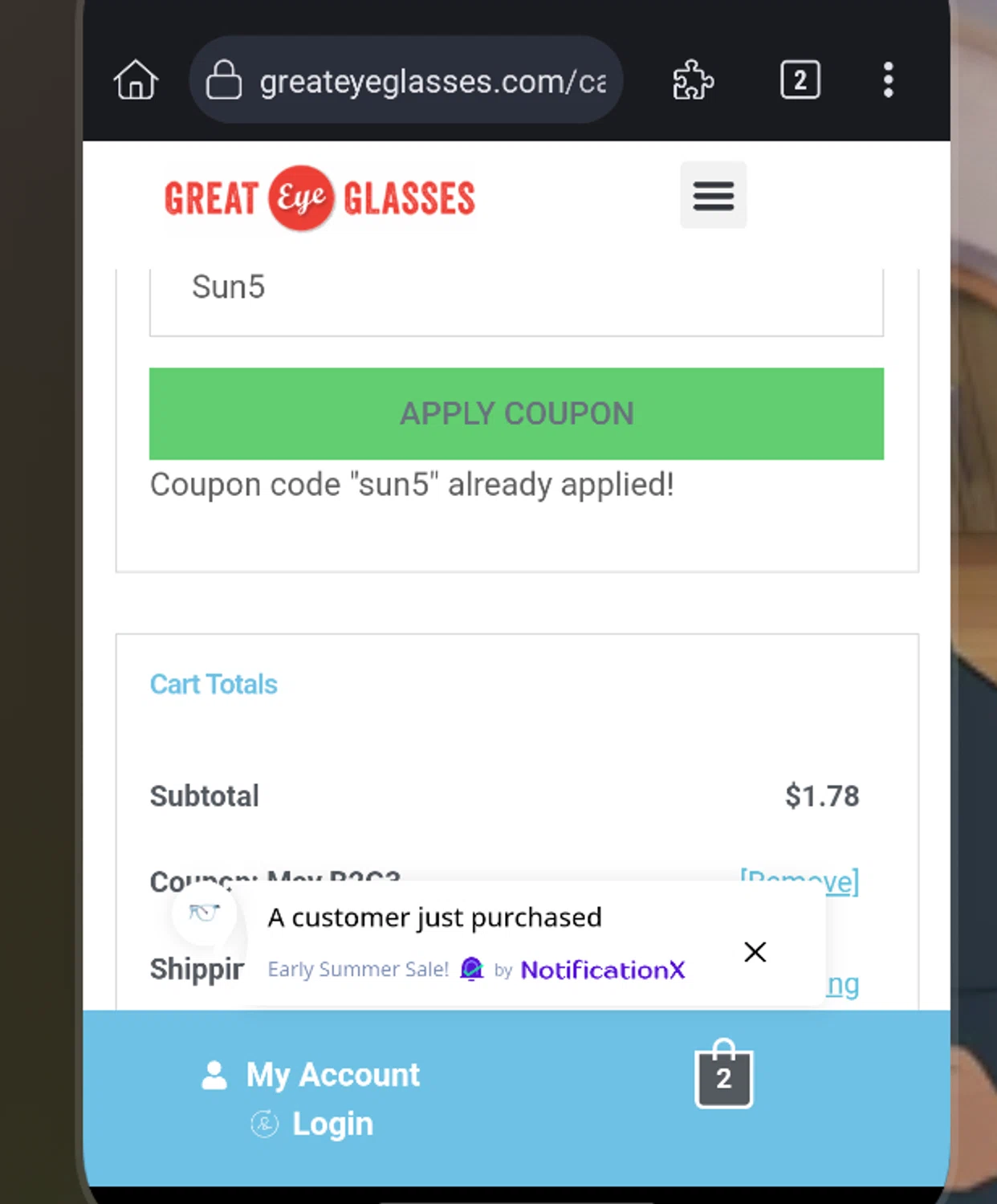 Great Eye Glasses promo code screenshot showing code Sun5 applied at Great Eye Glasses checkout page. Uploaded by SimplyCodes community member JhoennysM on Sep 10, 2025